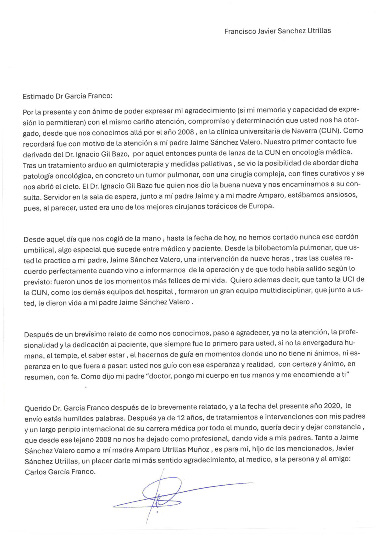 Testimonio Fco Javier Sánchez Utrillas. Dr. García Franco. Cirujano torácico en Madrid