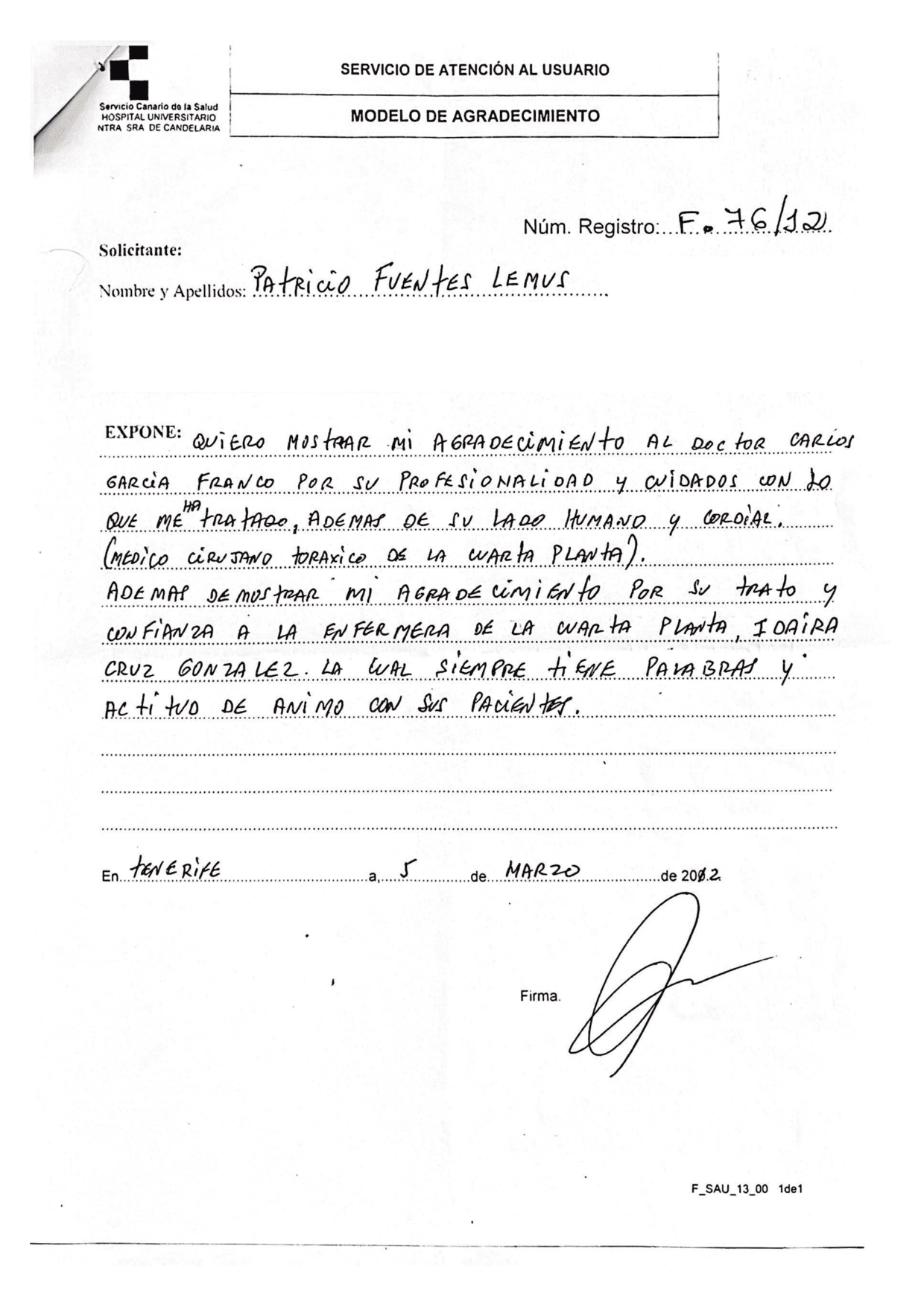 Testimonio patricio fuentes lemus. Dr. García Franco. Cirujano torácico en Madrid