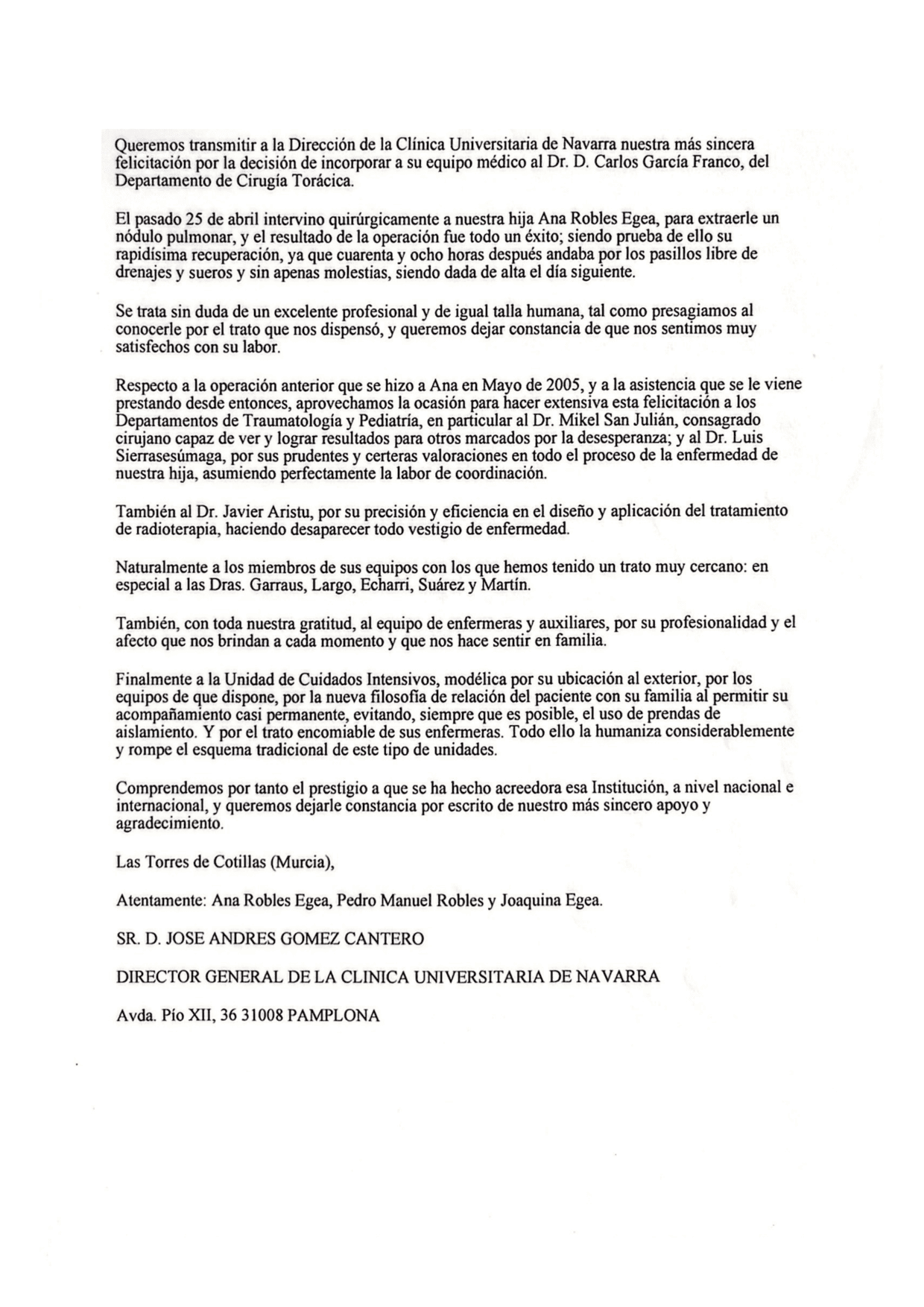 Testimonio Pedro Robles y Joaquina Egea. Dr. García Franco. Cirujano torácico en Madrid